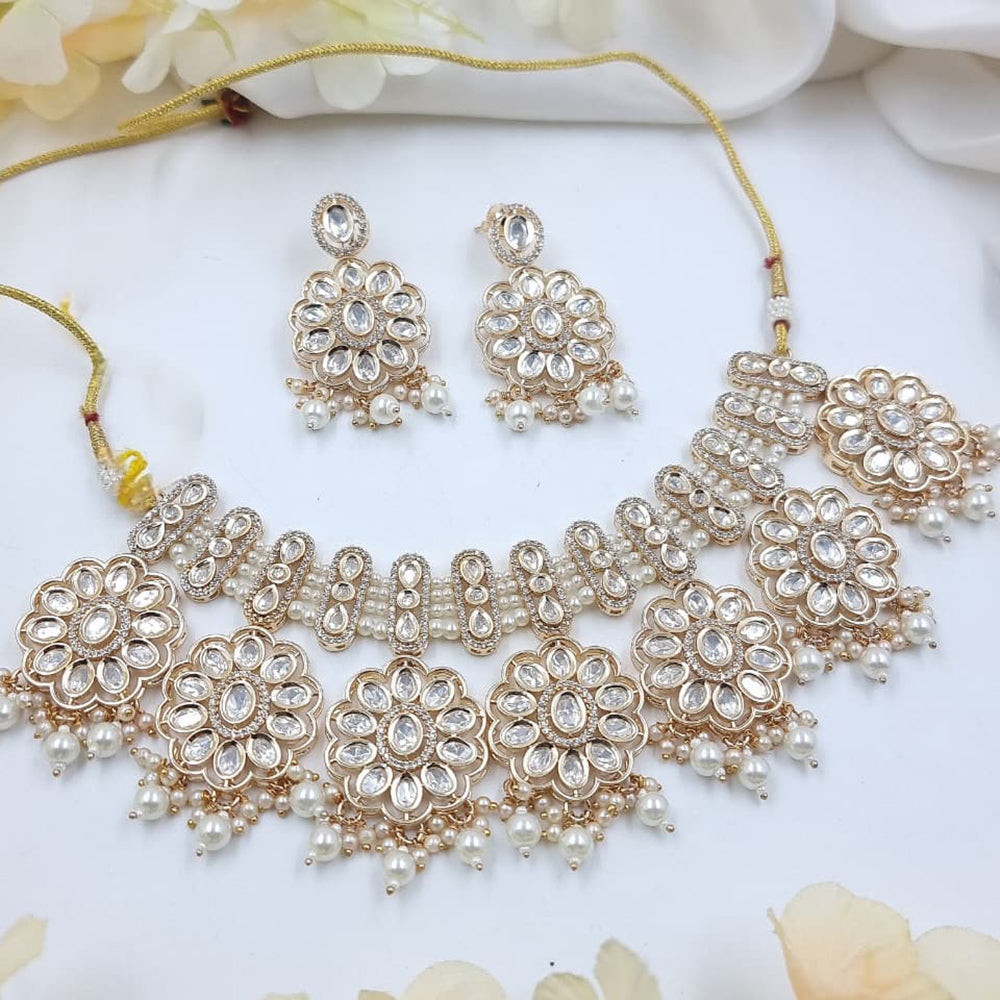 JCM Floral Design Kundan and Pearl Choker Necklace Set with Matching Earrings