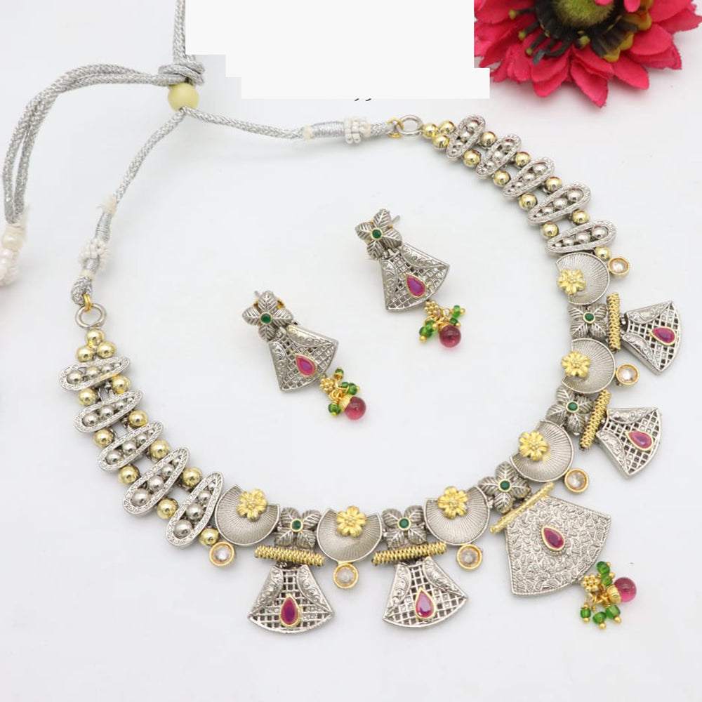 JCM Traditional Silver-Plated Necklace & Earrings with Golden Touch