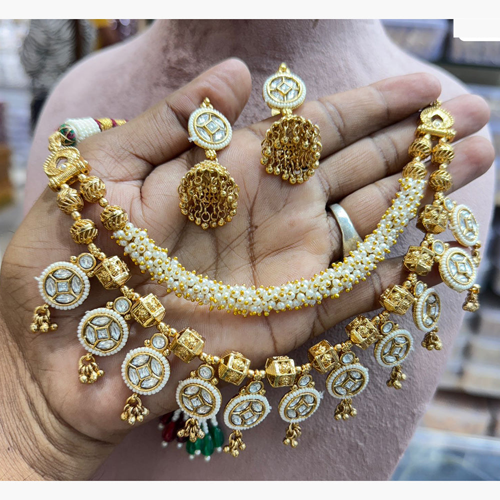 JCM Antique Gold-Plated Necklace Set with White Bead Detailing
