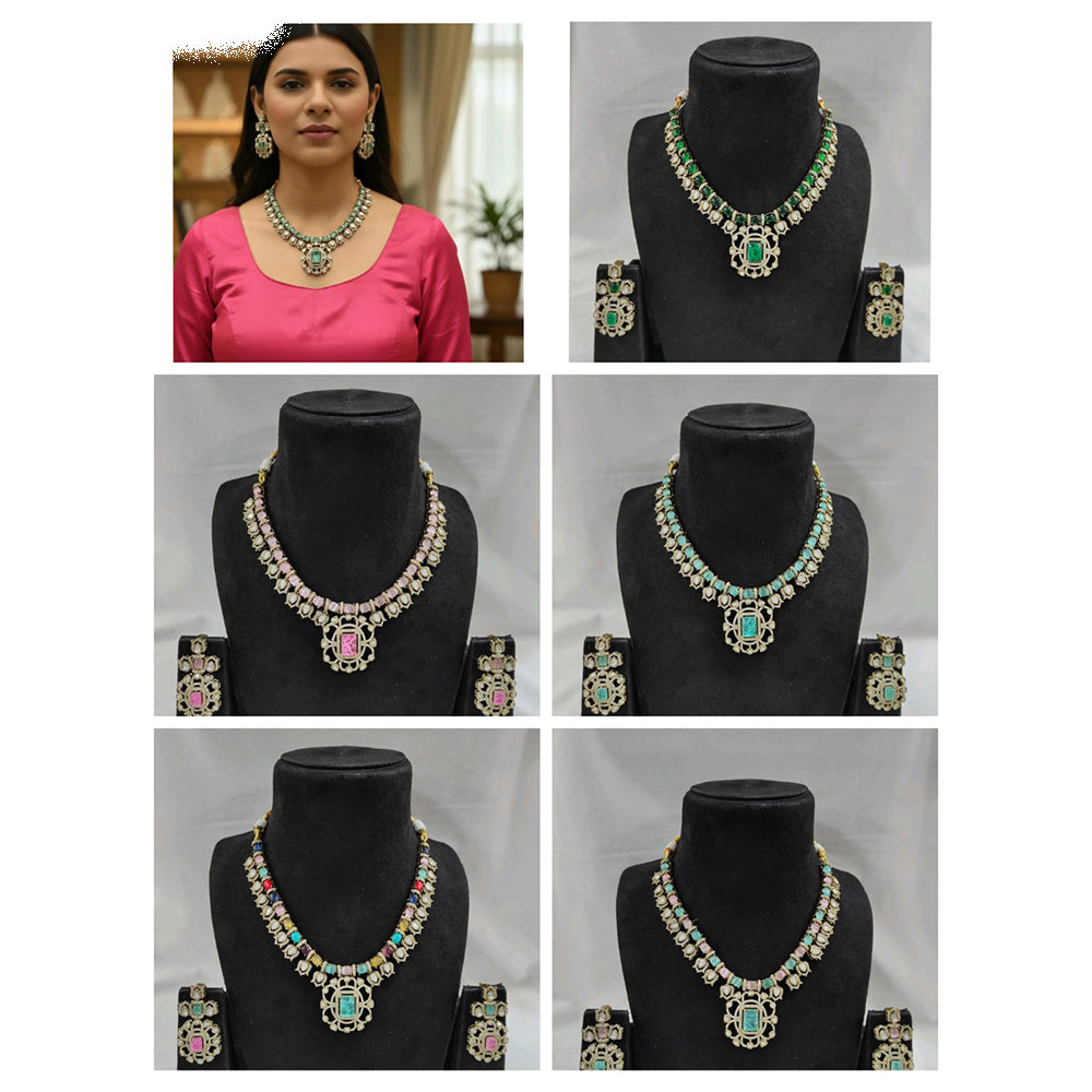 JCM Handcrafted Elegant Pota Stone And Polki Kundan Necklace Set