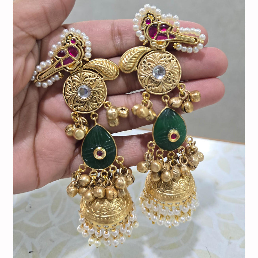 JCM Heritage Kundan Stone Pearl And Ghungroo Jhumki Earrings