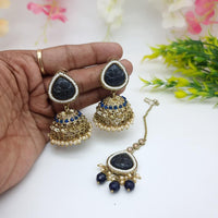 JCM Sparkling Crystal Pearl And Beaded Jhumki Earrings With Maangtikka