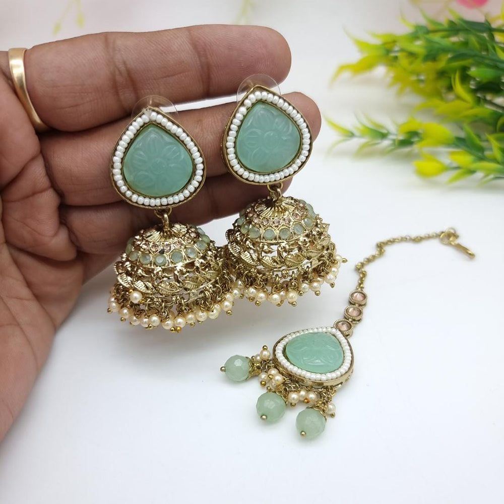 JCM Sparkling Crystal Pearl And Beaded Jhumki Earrings With Maangtikka