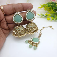 JCM Sparkling Crystal Pearl And Beaded Jhumki Earrings With Maangtikka