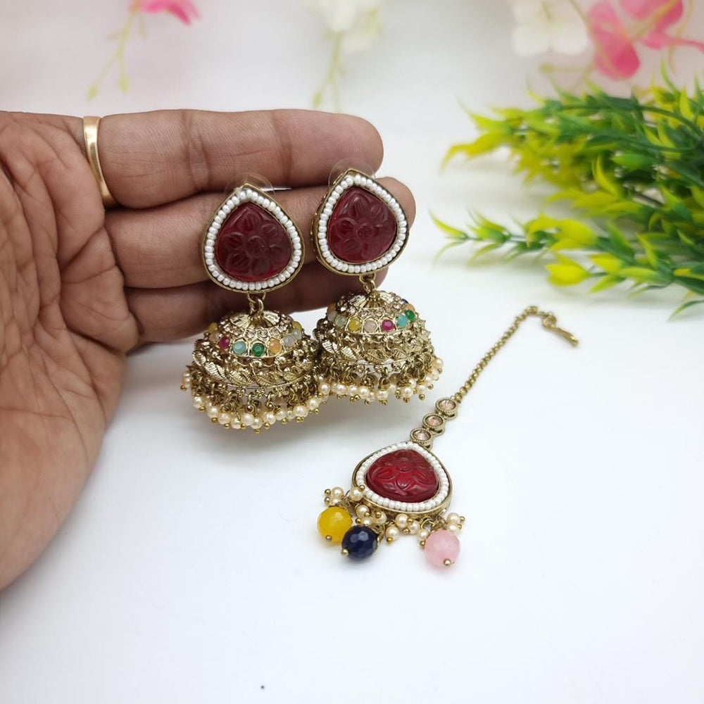 JCM Sparkling Crystal Pearl And Beaded Jhumki Earrings With Maangtikka
