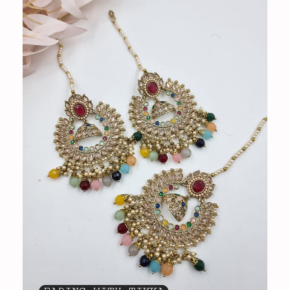 JCM Sparkling Crystal Pearl And Beaded Dangler Earrings With Maangtikka