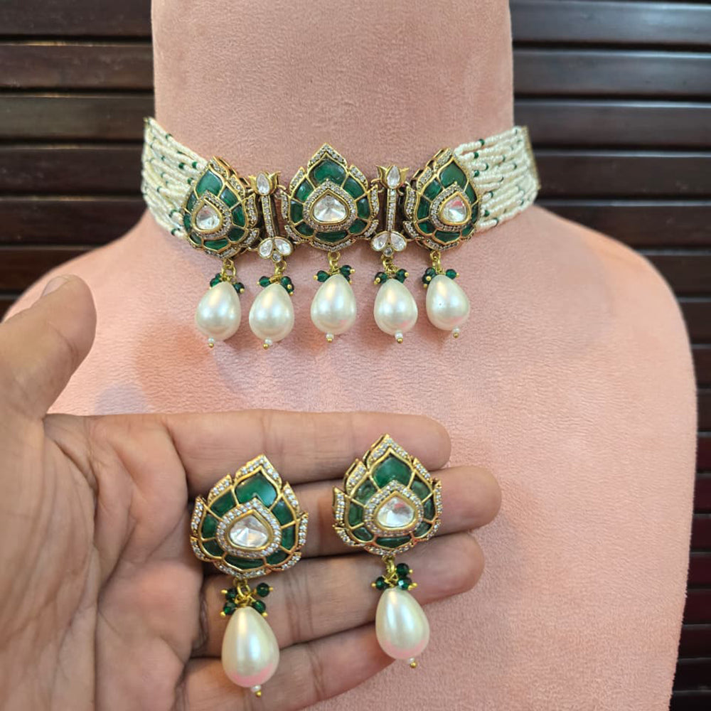 JCM Heritage Polki Kundan Pearl And Austrian Beads Choker Necklace Set