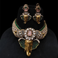 JCM Royal Elephant Design Polki Kundan Stone Heavy Choker Necklace Set