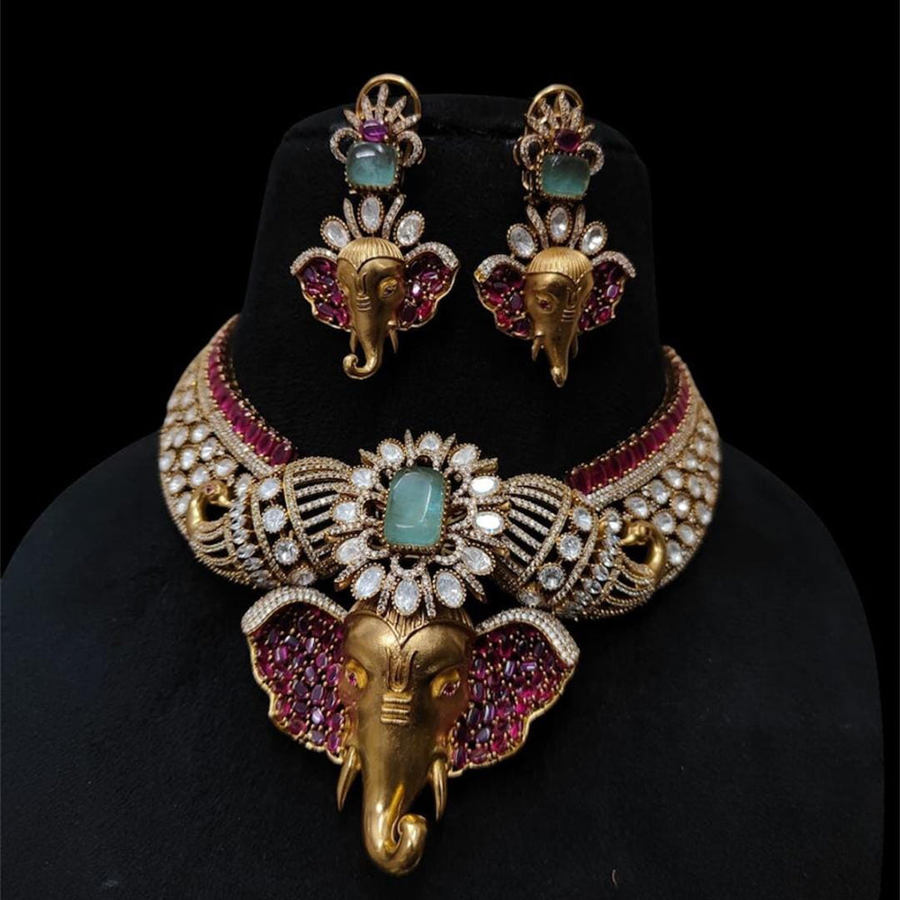 JCM Royal Elephant Design Polki Kundan Stone Heavy Choker Necklace Set