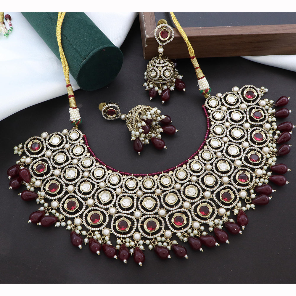 JCM Majestic Polki Kundan Stone Pearl And Beads Necklace Set