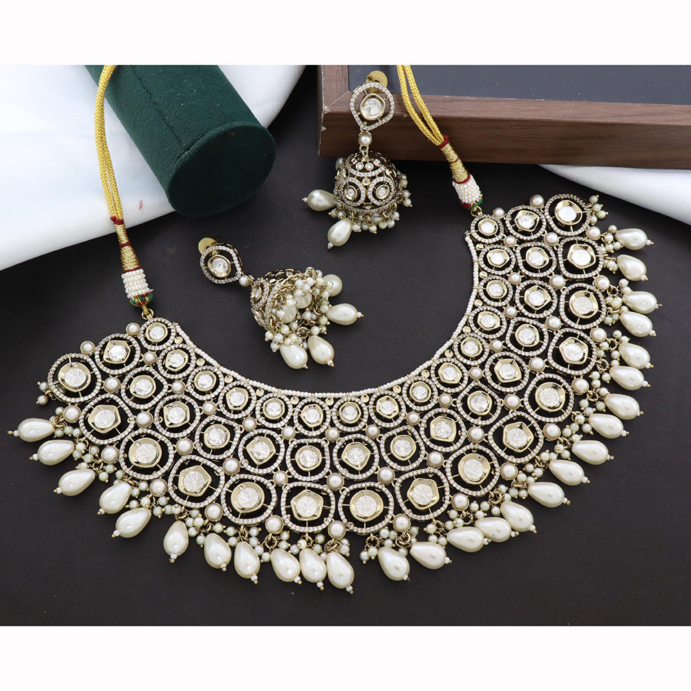 JCM Majestic Polki Kundan Stone Pearl And Beads Necklace Set
