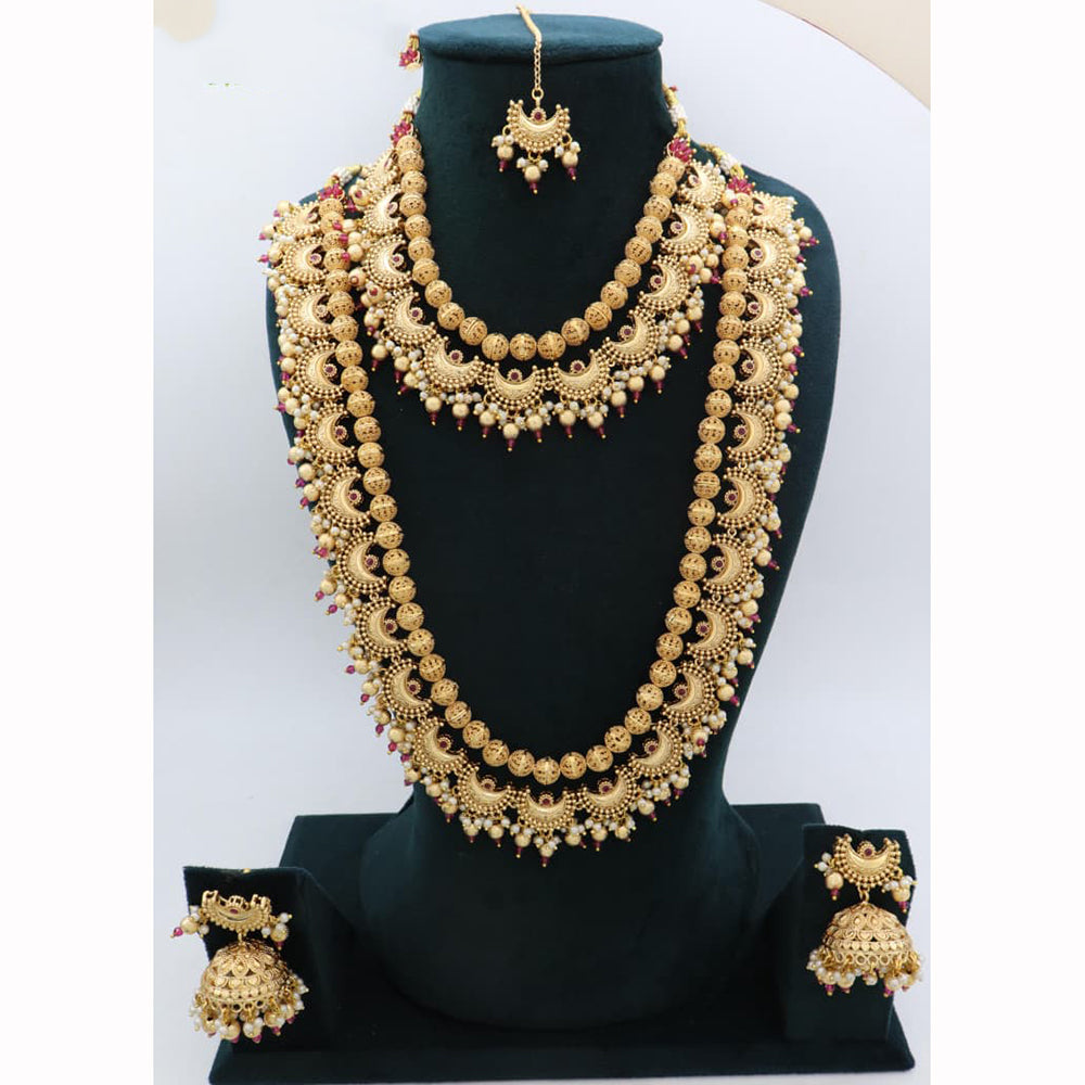 JCM Royal Look Pota Stone And Pearl Double Necklace Jewellery Set