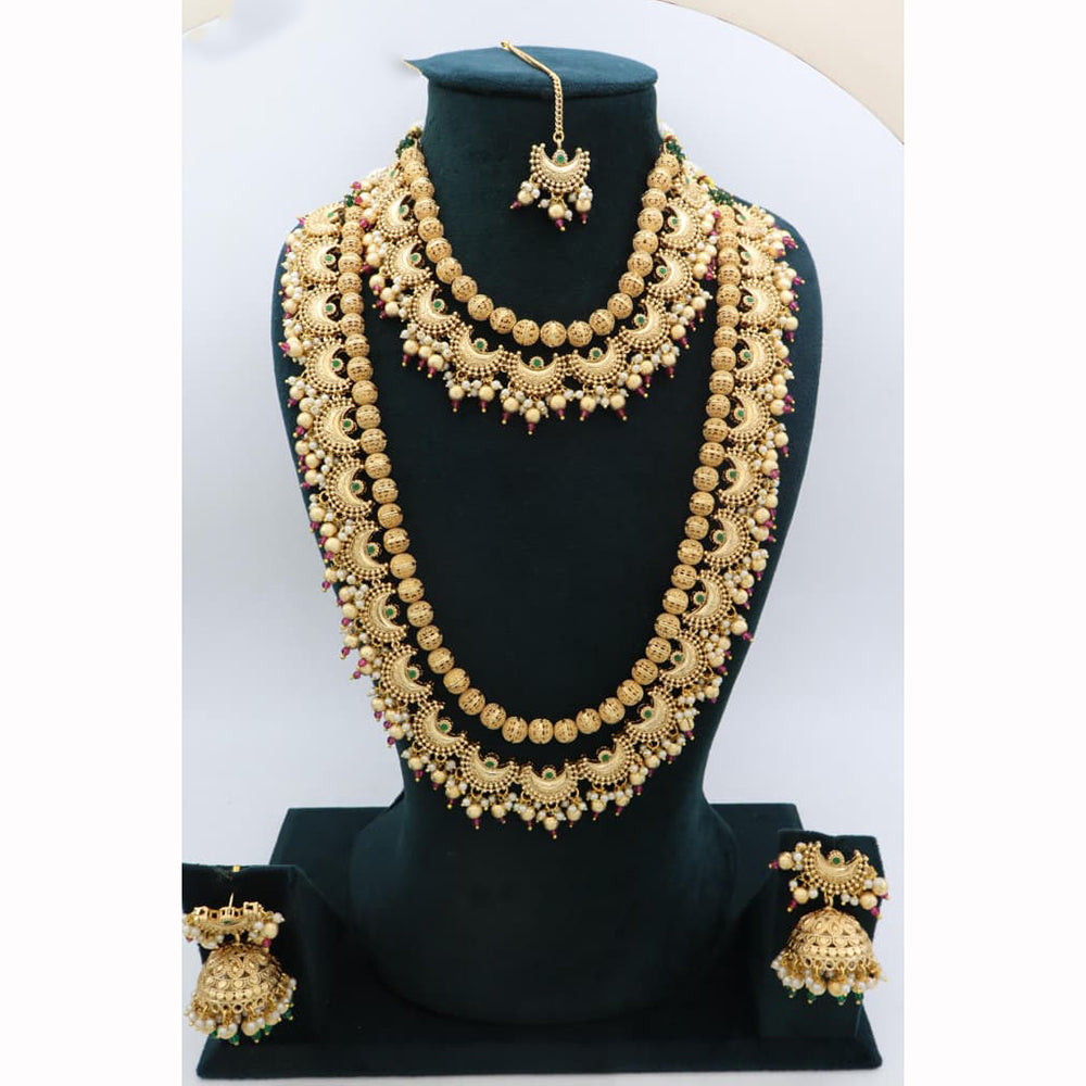 JCM Royal Look Pota Stone And Pearl Double Necklace Jewellery Set