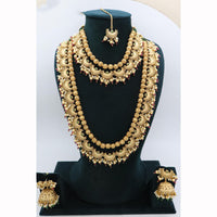 JCM Royal Look Pota Stone And Pearl Double Necklace Jewellery Set