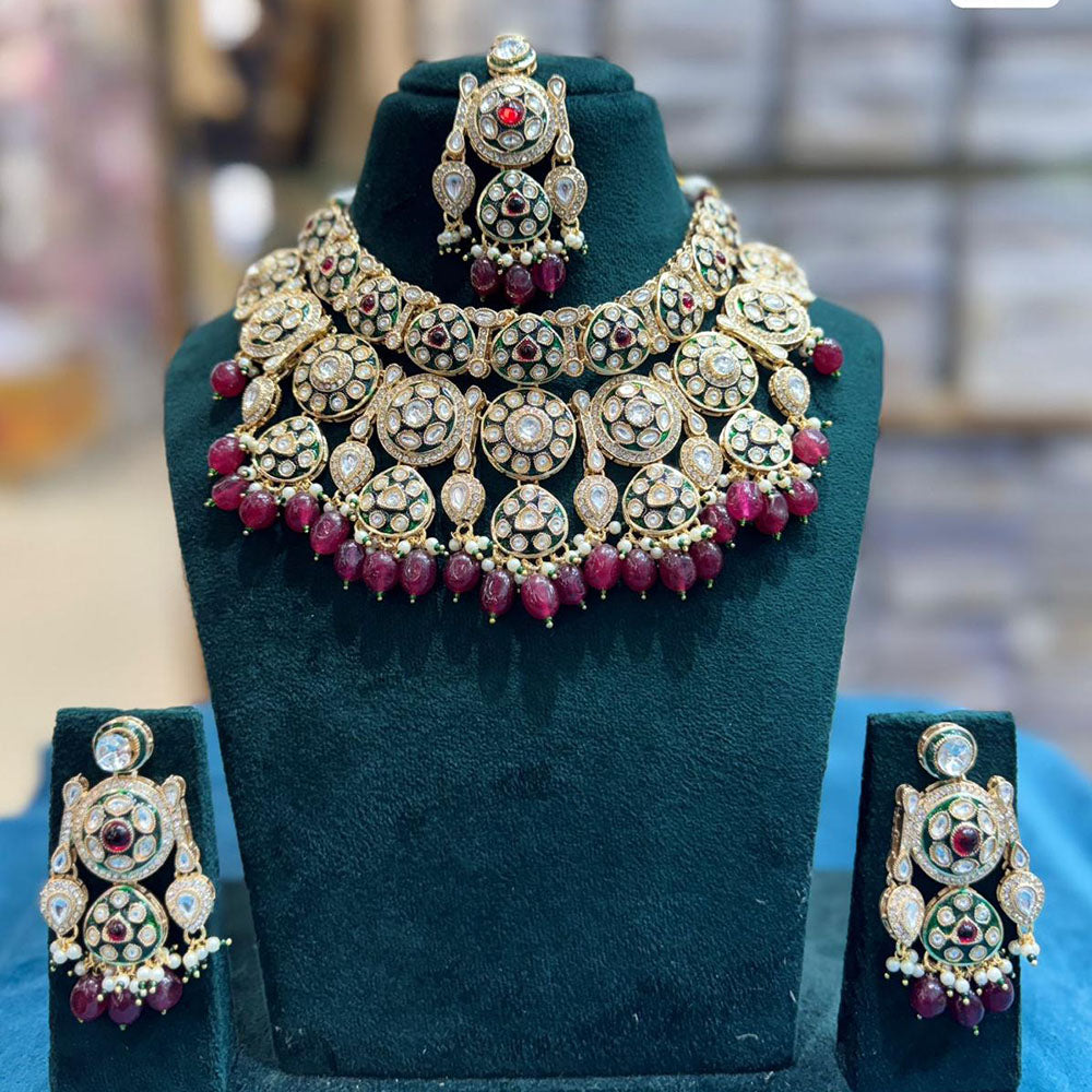 JCM Antique Finish Pota Stone And Meenakari Beads Choker Necklace Set