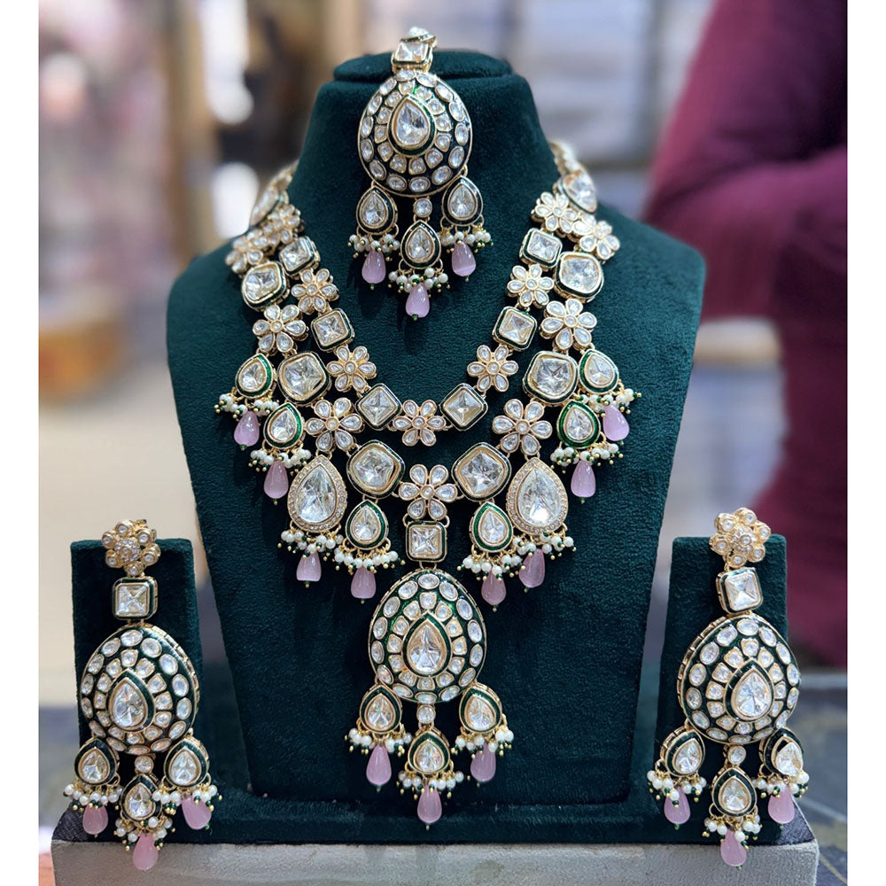 JCM Antique Finish Pota Stone Pearl And Meenakari Beads Necklace Set