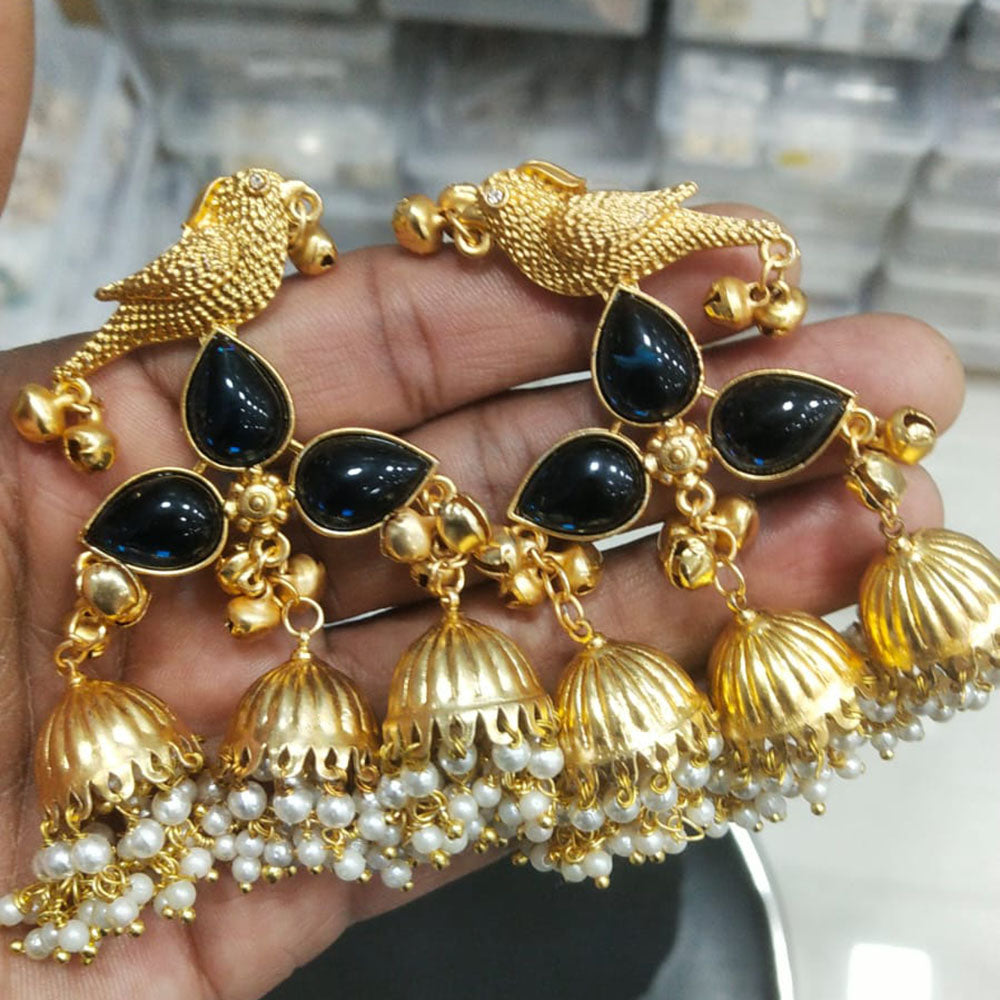 JCM Regal Bird Charm Pota Stone Ghungroo And Pearl Jhumki Earrings