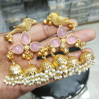 JCM Regal Bird Charm Pota Stone Ghungroo And Pearl Jhumki Earrings