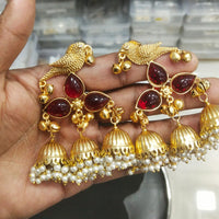 JCM Regal Bird Charm Pota Stone Ghungroo And Pearl Jhumki Earrings