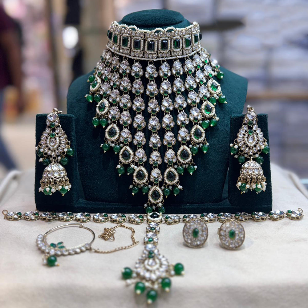 JCM Gold Plated Kundan Stone And Pearls Semi Bridal Necklace Set