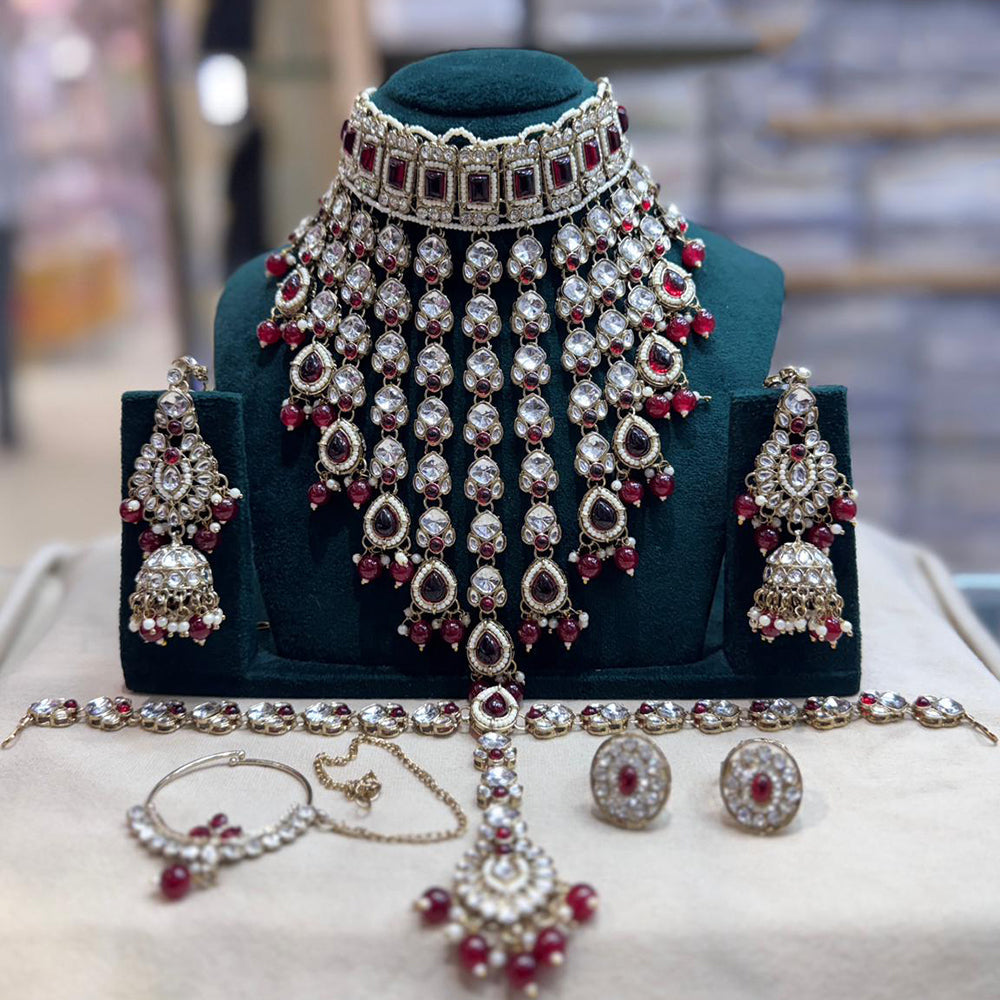 JCM Gold Plated Kundan Stone And Pearls Semi Bridal Necklace Set