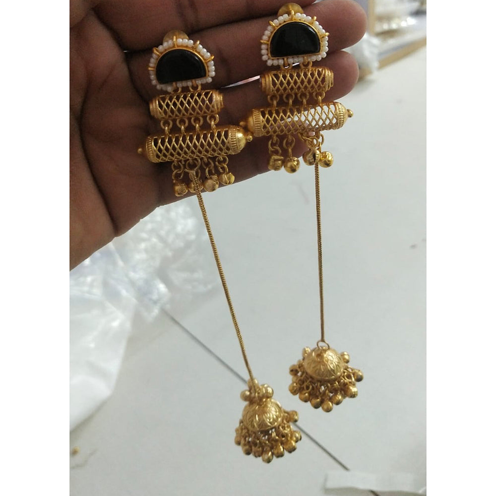 JCM Grand Pota Stone Ghungroo And Pearl Long Jhumki Earrings