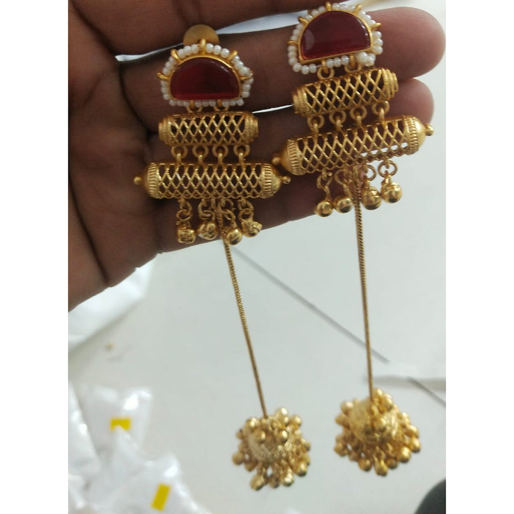 JCM Grand Pota Stone Ghungroo And Pearl Long Jhumki Earrings