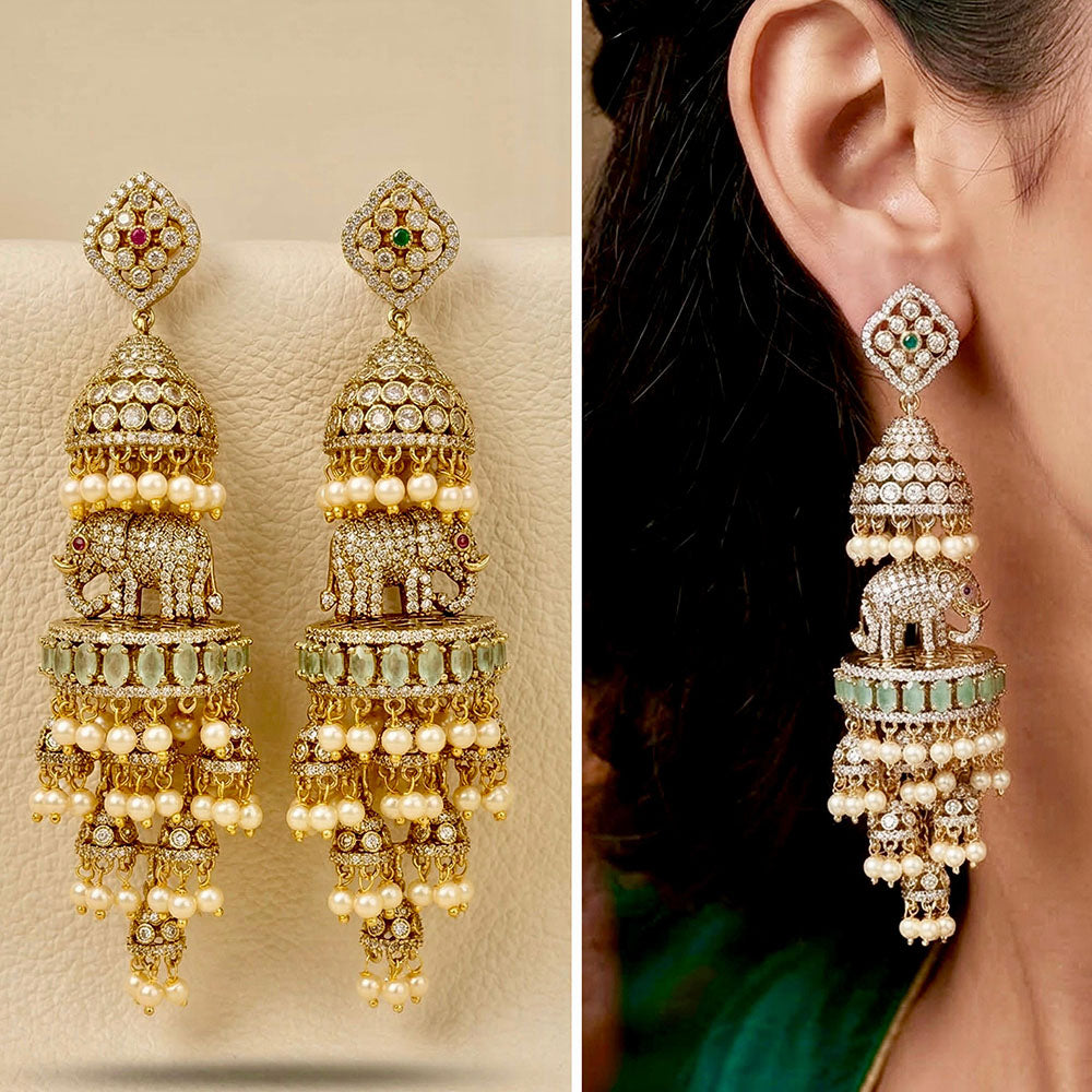 JCM Designer Elephant Motif American Diamond Long Jhumki Earrings