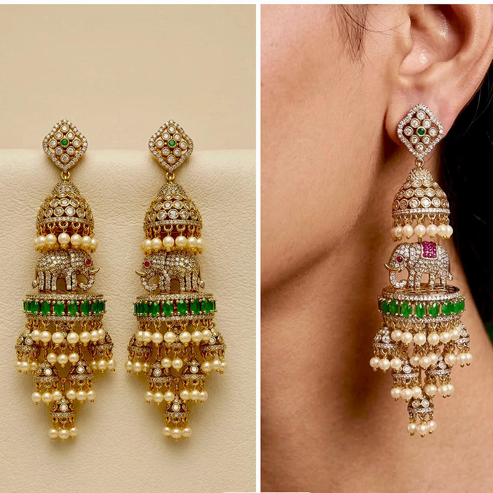 JCM Designer Elephant Motif American Diamond Long Jhumki Earrings