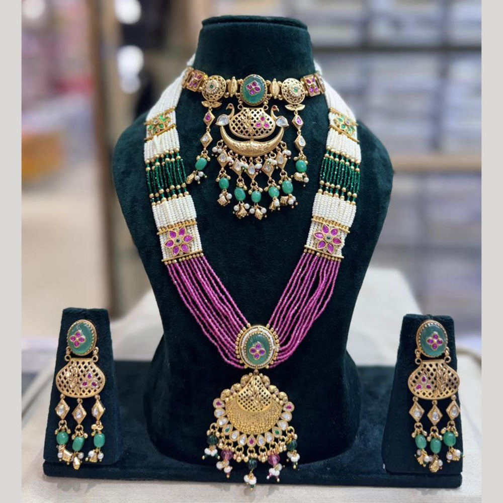 JCM Ethnic Style Pota Stone Beads And Pearl  Double Necklace Set