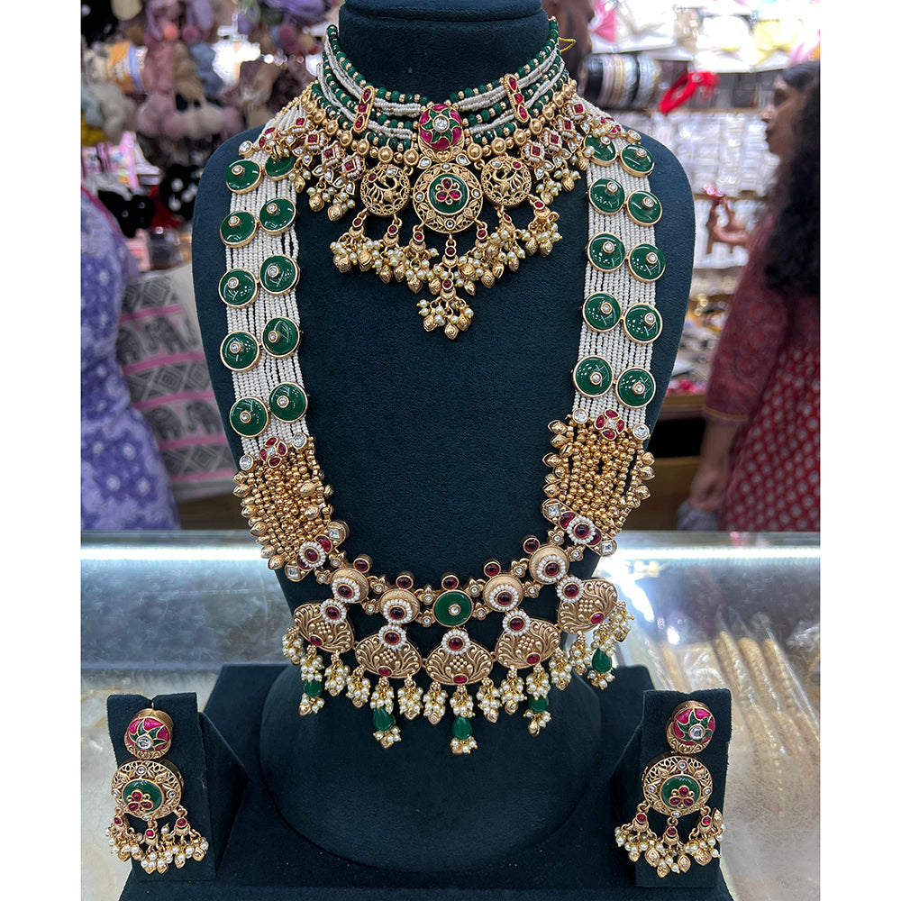 JCM Ethnic Style Pota Stone Beads And Pearl Double Necklace Set