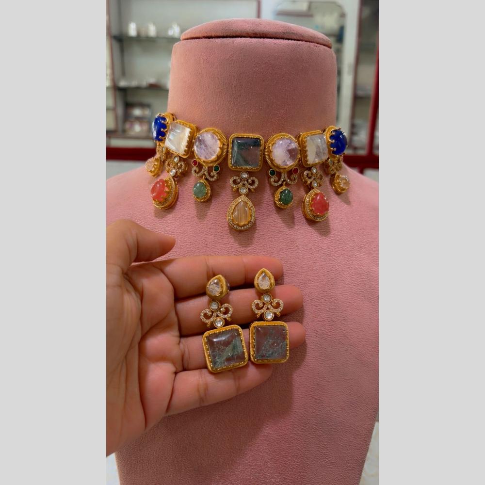 JCM Glam Multi Color Pota Stone And Pearl Choker Necklace Set