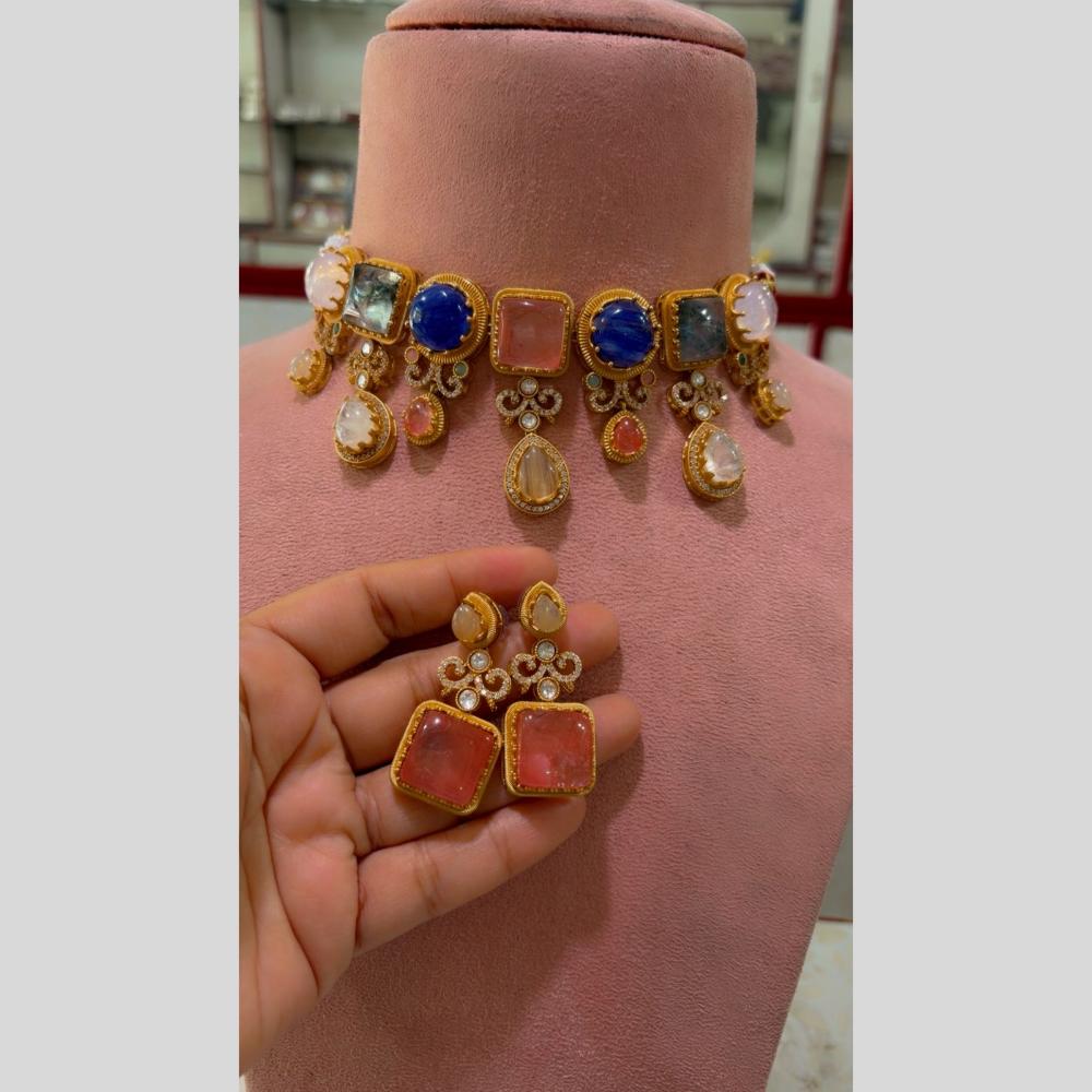 JCM Glam Multi Color Pota Stone And Pearl Choker Necklace Set