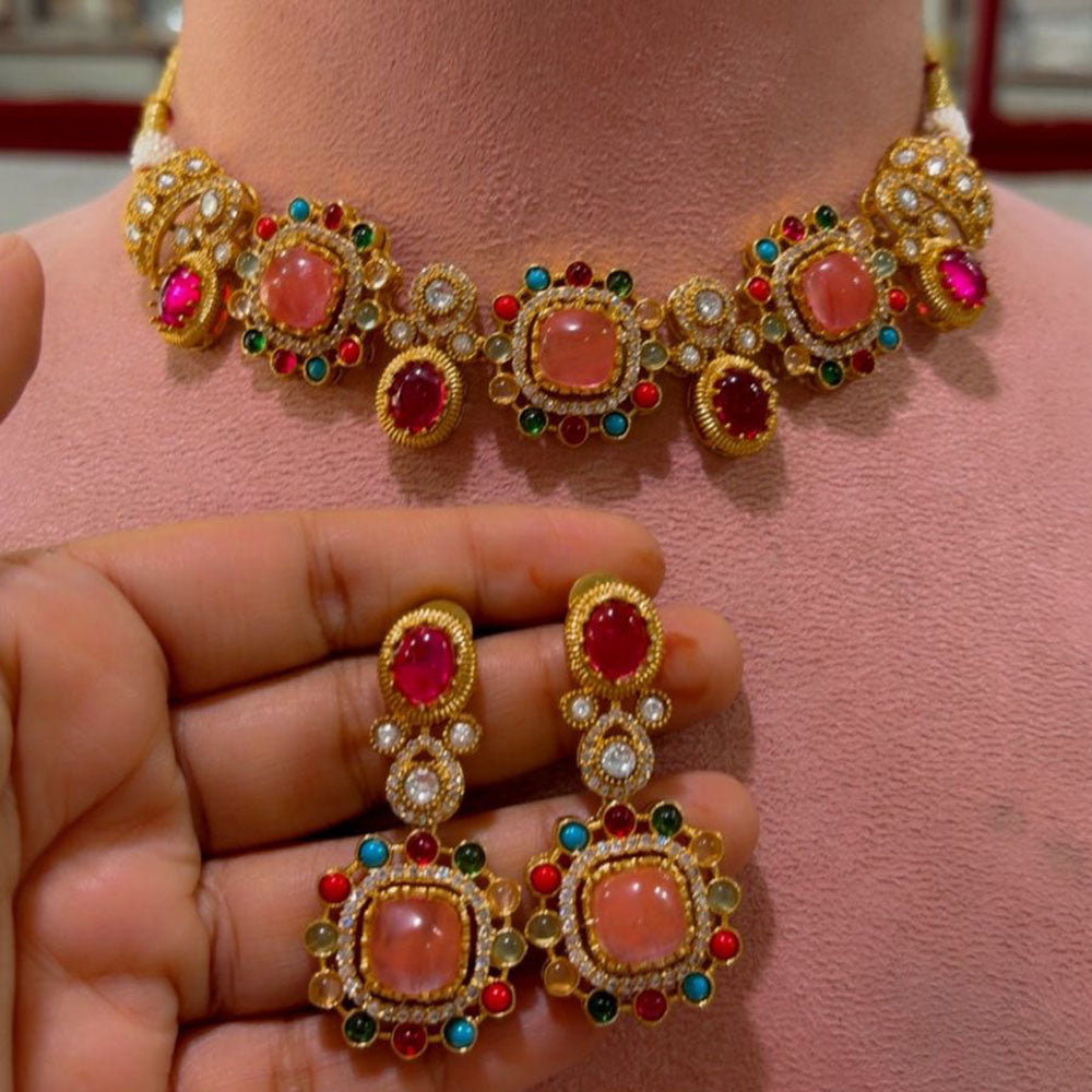 JCM Premium Designer Pota Stone Multi Color Choker Necklace Set
