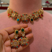 JCM Premium Designer Pota Stone Multi Color Choker Necklace Set