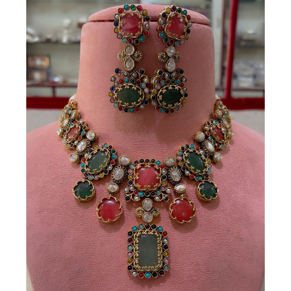 JCM Heritage Multi Color Pota Stone And Austrian Stone Necklace Set