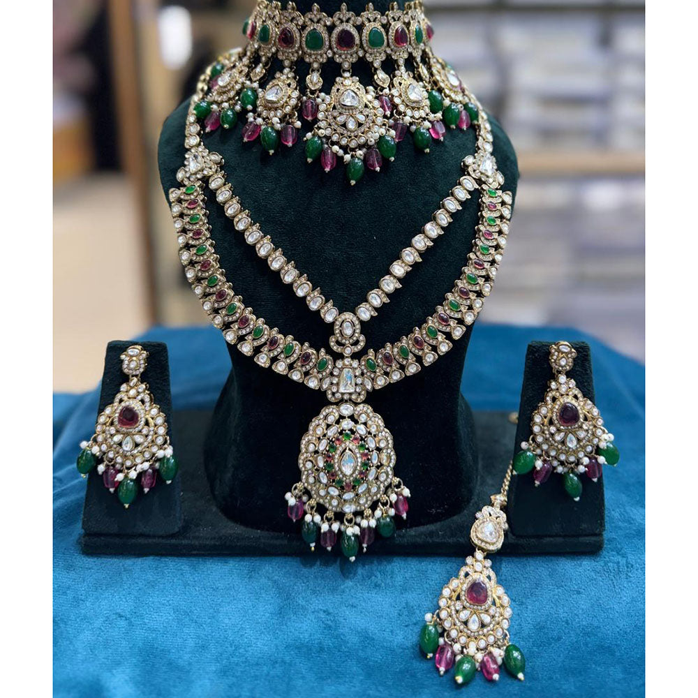 JCM Grand Polki Kundan Stone Pearl And Beads Double Necklace Set