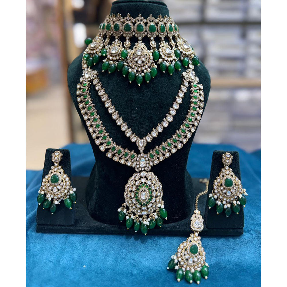 JCM Grand Polki Kundan Stone Pearl And Beads Double Necklace Set