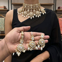 JCM Party Wear Polki Kundan Pearl And Beads Choker Necklace Set