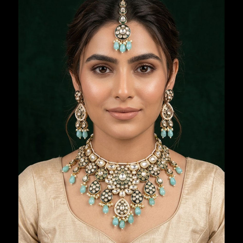 JCM Party Wear Polki Kundan Pearl And Beads Meenakari Necklace Set