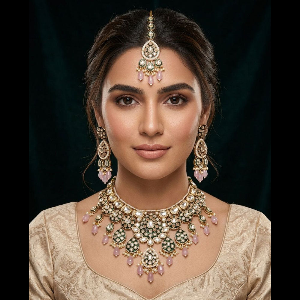 JCM Party Wear Polki Kundan Pearl And Beads Meenakari Necklace Set