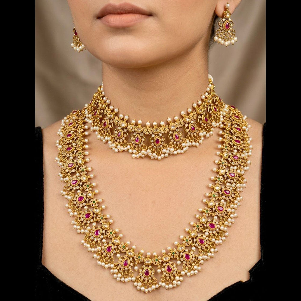 JCM Ethnic Style Pota Stones And Pearl  Double Necklace Set
