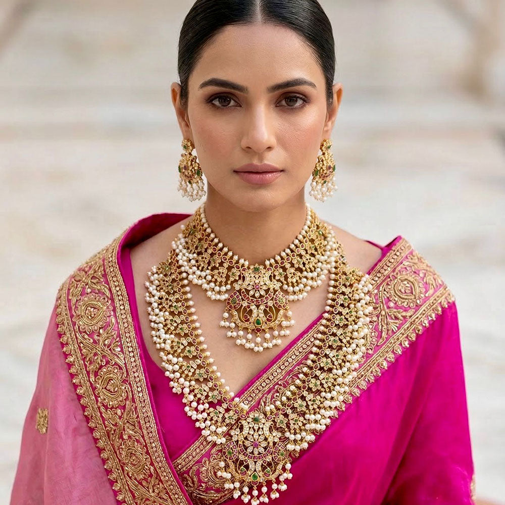 JCM Ethnic Style Pota Stones And Pearl  Double Necklace Set