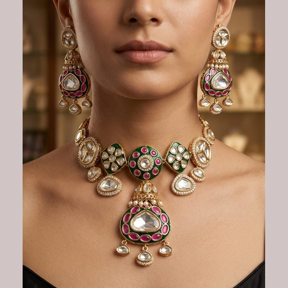 JCM Grand Polki Kundan Stone Meenakari Necklace Set