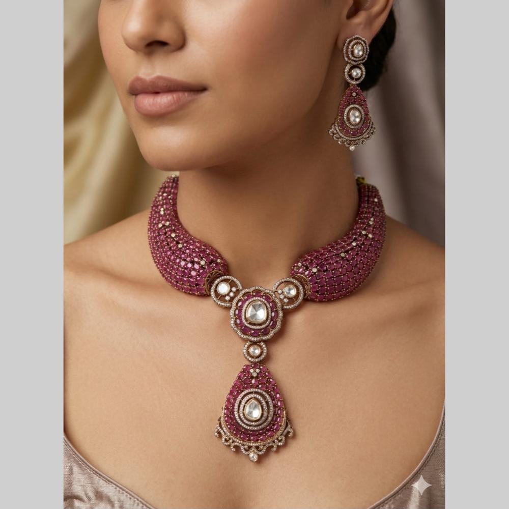 JCM Luxury Ruby Polki Kundan Stone Necklace Set for Women