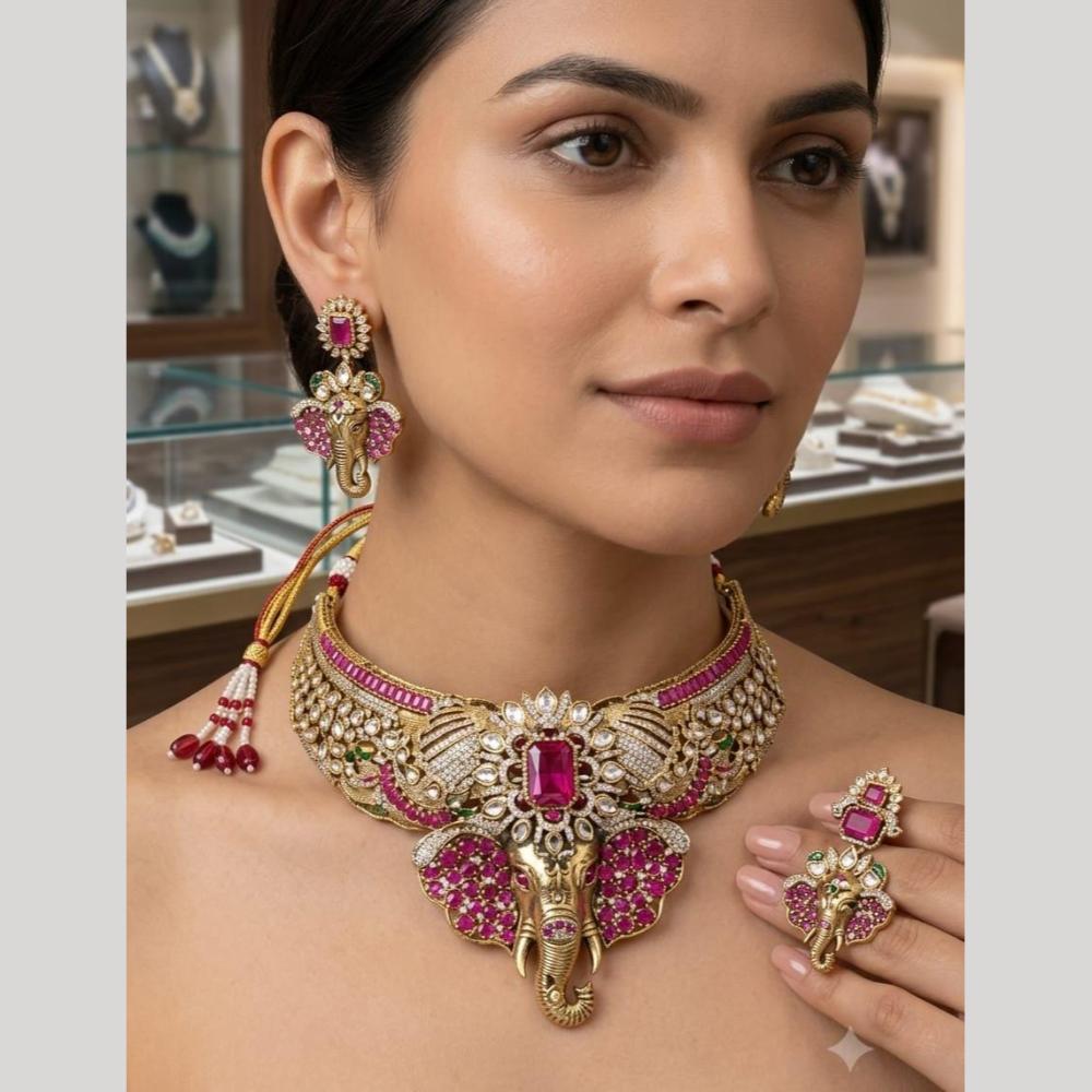 JCM Maharani Style Pota Stone And Austrian Stone Ganesha Choker Necklace Set
