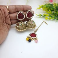 JCM Festive Pota Stone And Pearl Jhumki Earrings With Maangtikka