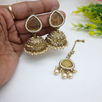 JCM Festive Pota Stone And Pearl Jhumki Earrings With Maangtikka