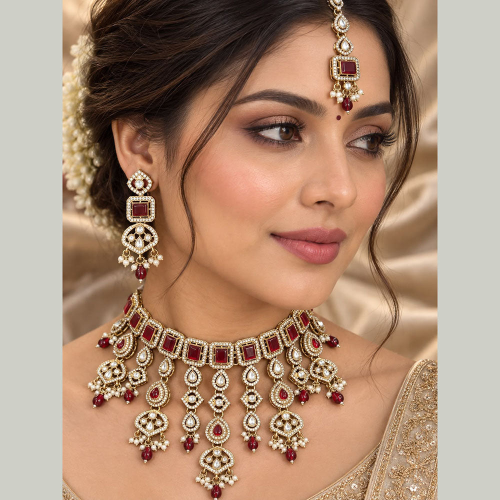 JCM Grand Kundan Stone And Beads Statement Choker Necklace Set