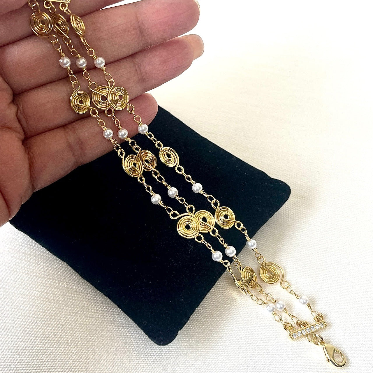 Jewel Treatzz Adorable Everyday Wear 3 Line Gold Plated Pearl Long Chain Fashion Bracelet  